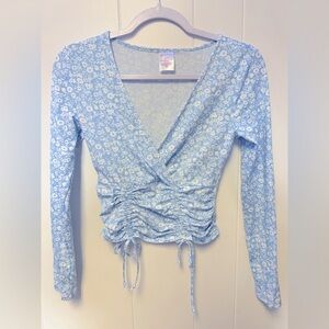 XS. Deep V neck. Long sleeve crop top. Baby Blue